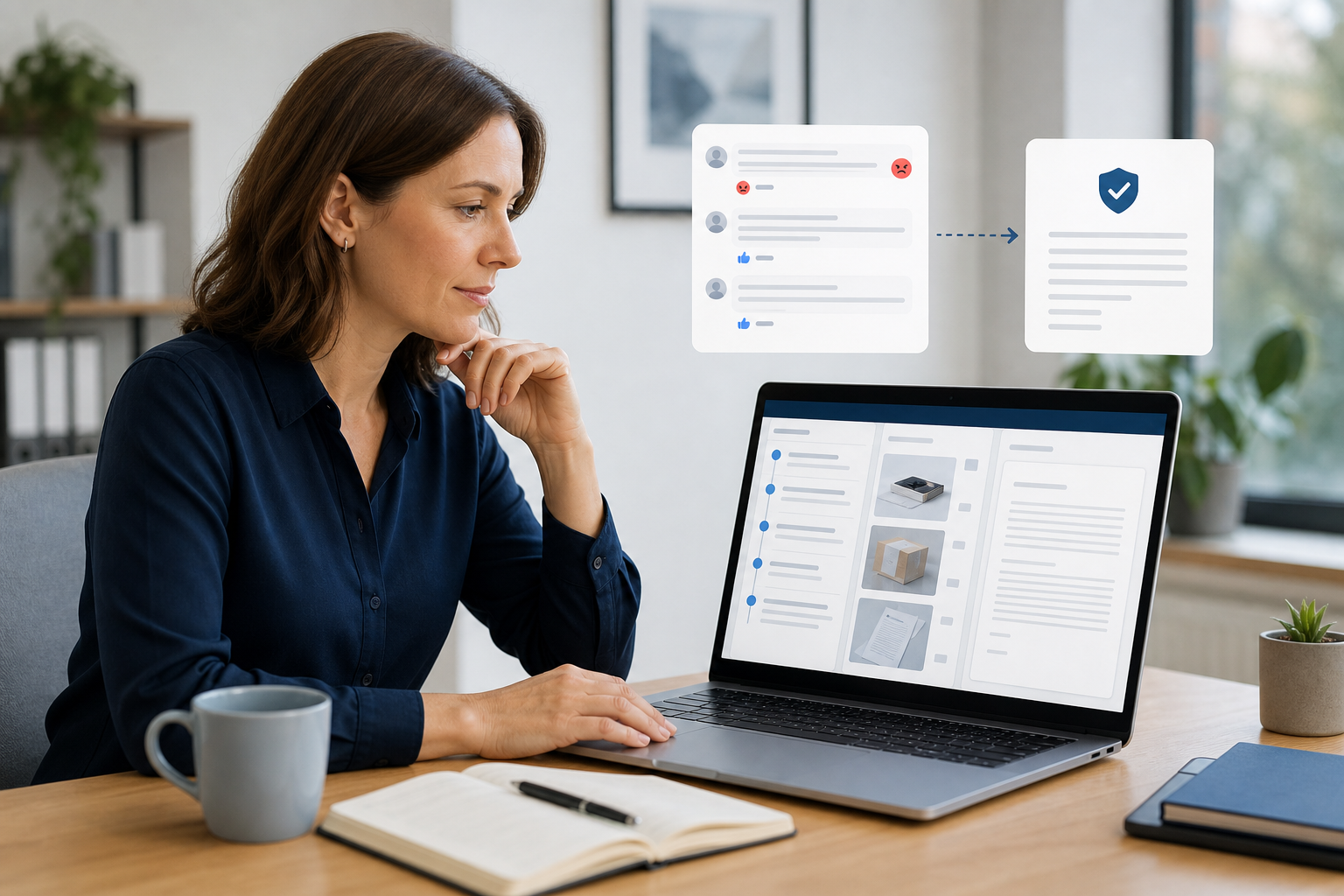 Business owner organising social media comments and evidence into a professional statement