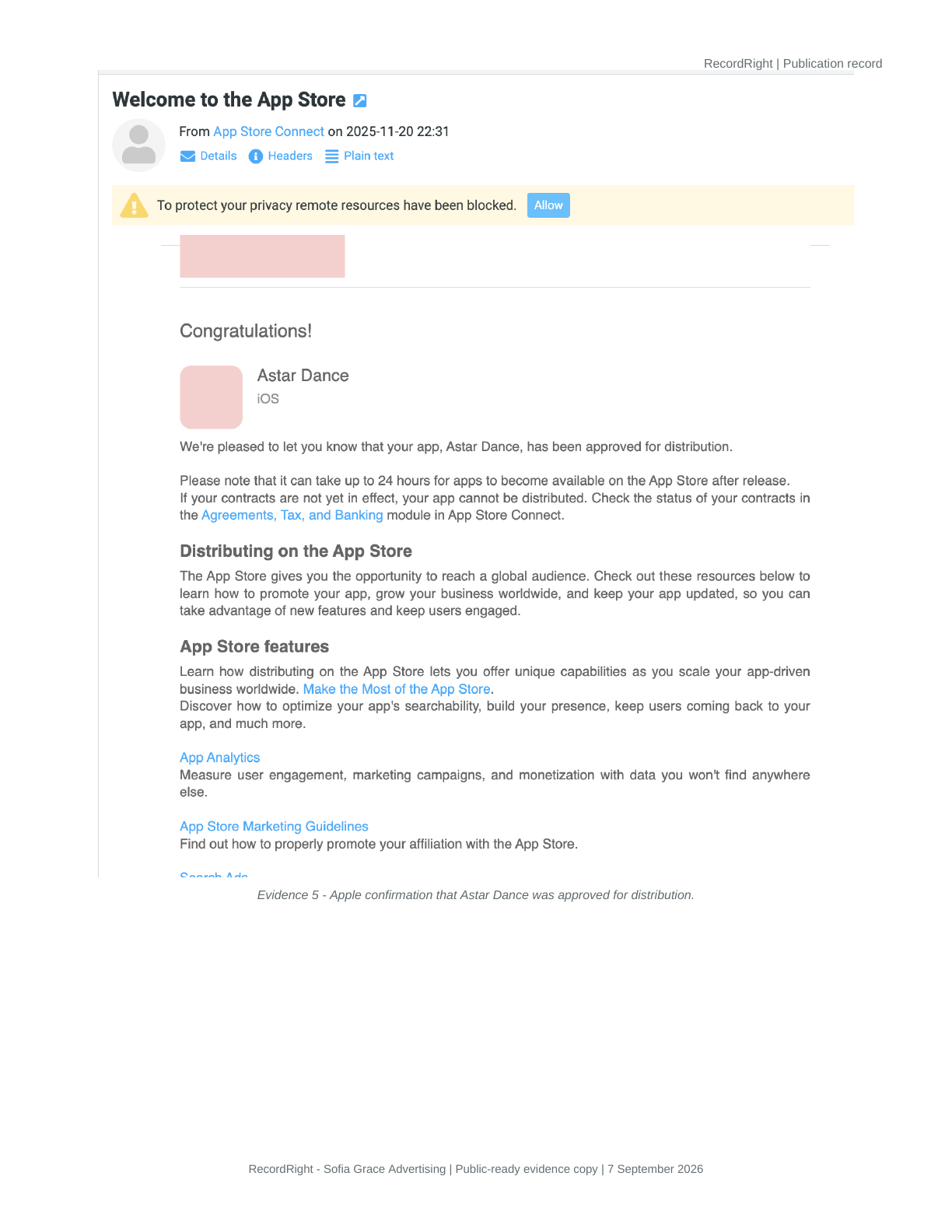 Public proof image: Apple approval for distribution email for Astar Dance.