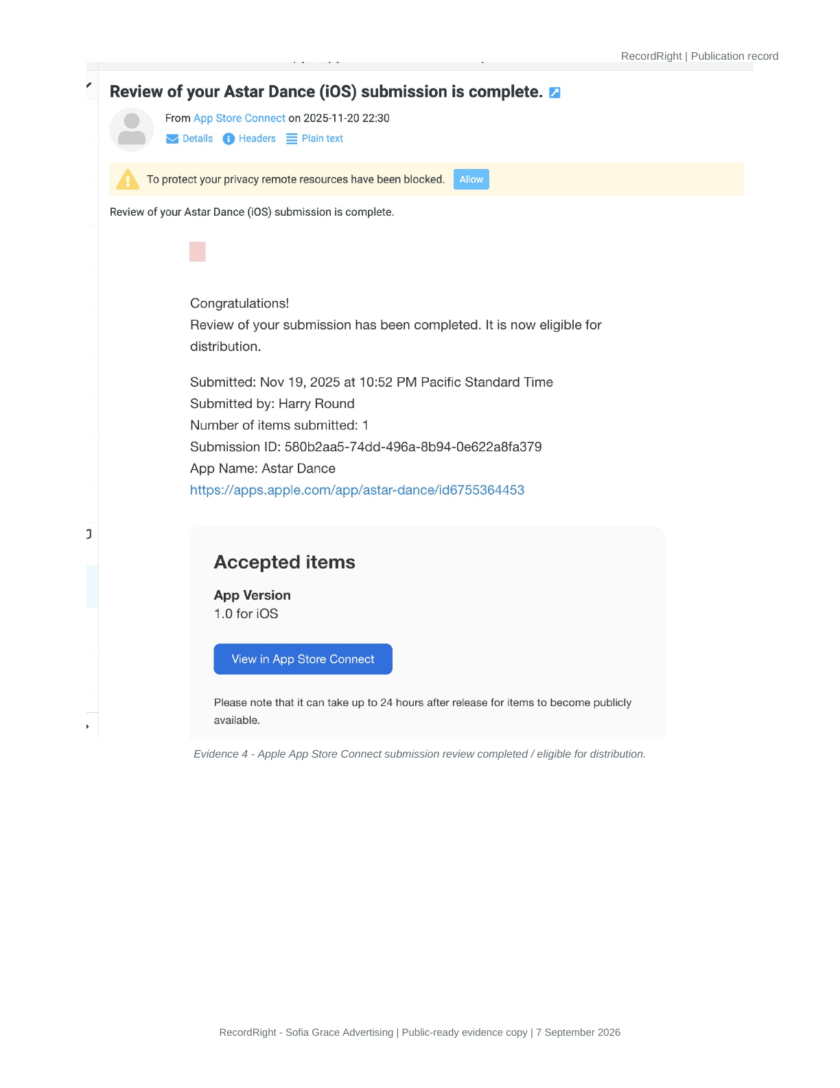 Public proof image: App Store Connect review-complete email for Astar Dance iOS.