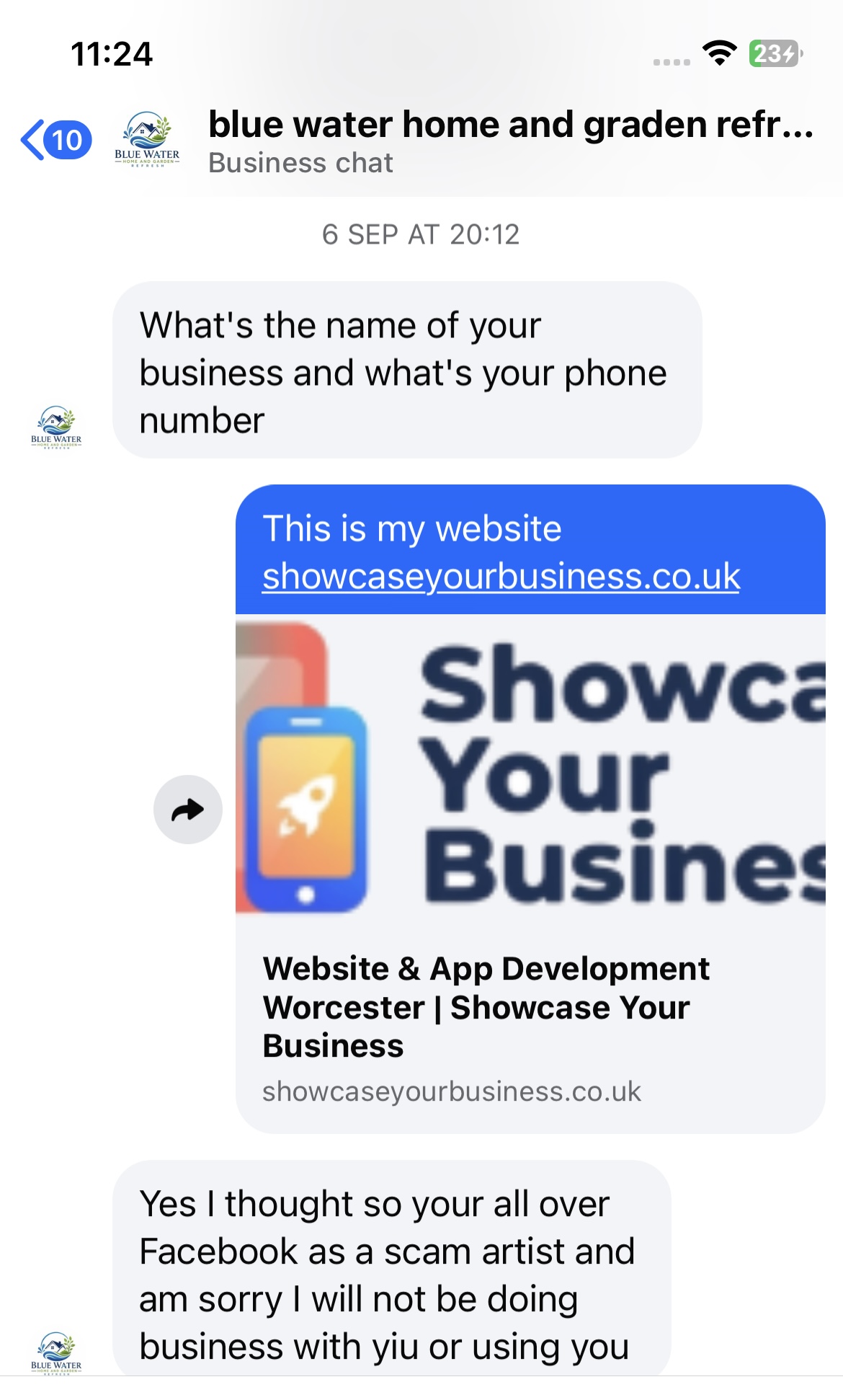 Public proof image: Blue Water enquiry showing a prospective customer declined to proceed after seeing Facebook allegations.