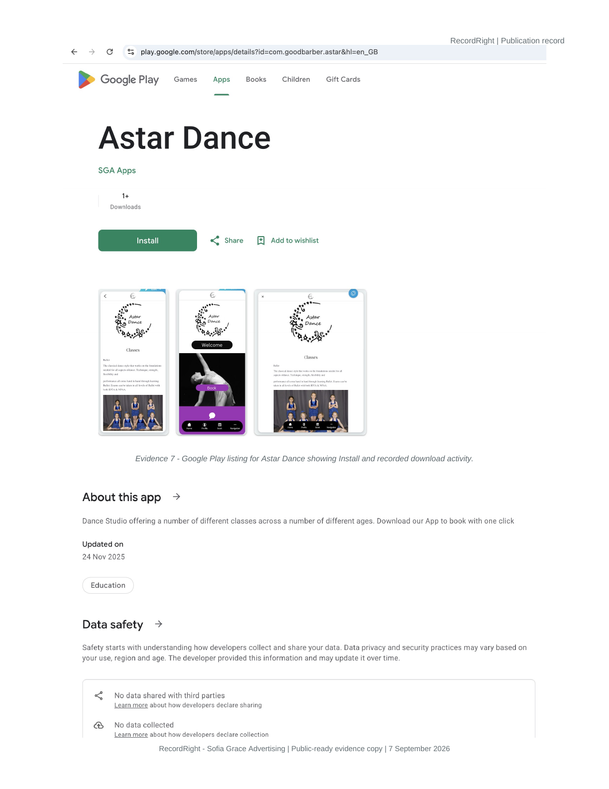 Public proof image: Google Play listing showing Astar Dance under SGA Apps.
